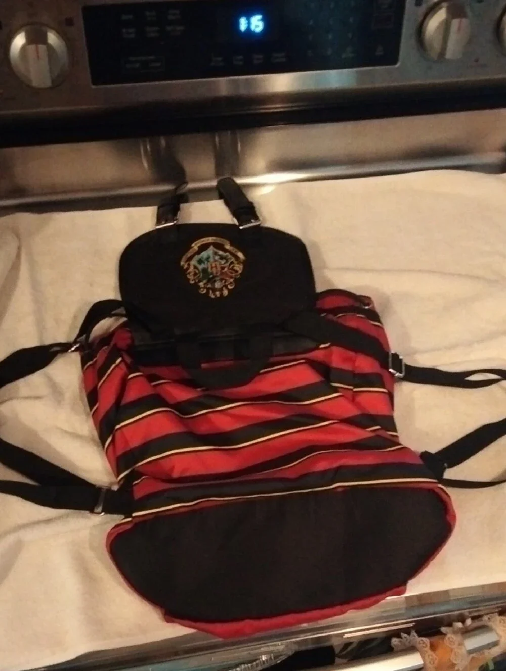 Hogwarts Burgundy Striped Backpack with Crest - School Bookbag
